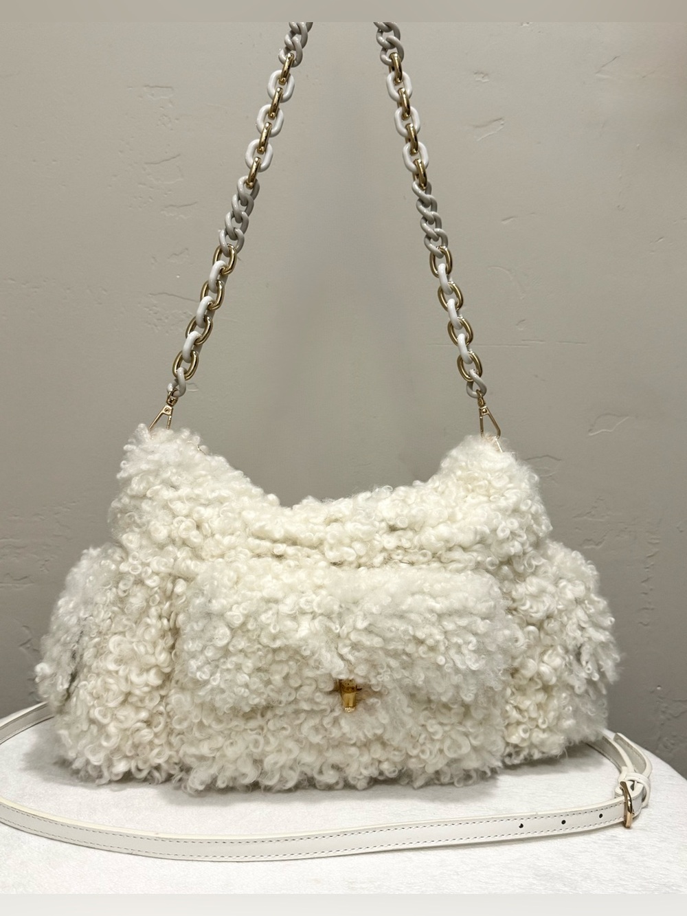 White Real Curly Lamb Fur (Shearling) Handmade Boho Style Slouchy Bag, Crossbody